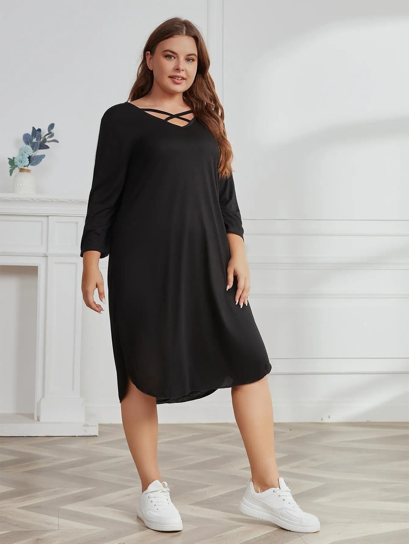 Women's Monochrome Three Quarter Sleeve Dress Casual Dresses Criss-Cross V-Neck Side Split Ladies Clothing Plus Size Summer 