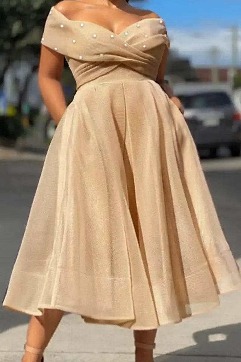 Vestido feminino plus size sólido fora do ombro pérolas decoração uma linha tule elegante festa midi vestidos