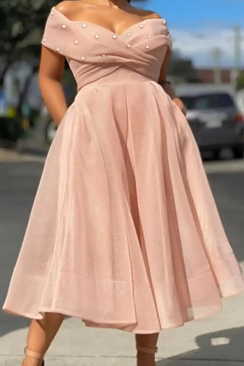 Vestido feminino plus size sólido fora do ombro pérolas decoração uma linha tule elegante festa midi vestidos