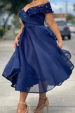 Vestido feminino plus size sólido fora do ombro pérolas decoração uma linha tule elegante festa midi vestidos