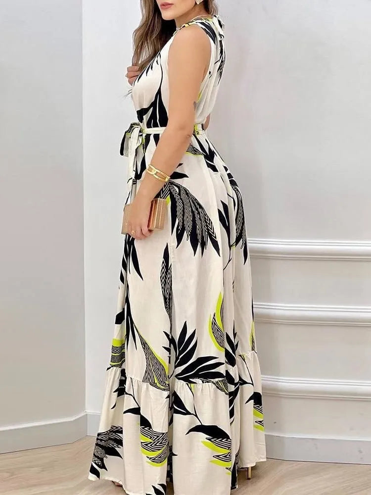 Women's Sexy Sleeveless Hanging Neck Bow Waist Elegant Printed Lotus Skirt Floor Length Summer New Dress 