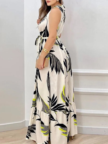 Women's Sexy Sleeveless Hanging Neck Bow Waist Elegant Printed Lotus Skirt Floor Length Summer New Dress 