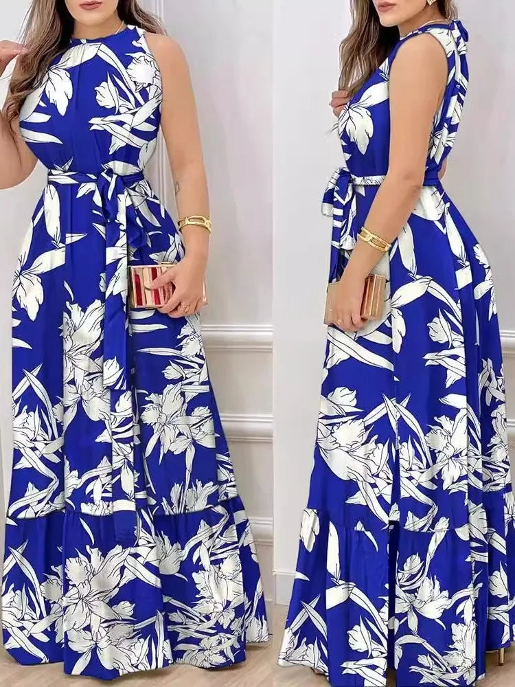 Women's Sexy Sleeveless Hanging Neck Bow Waist Elegant Printed Lotus Skirt Floor Length Summer New Dress 