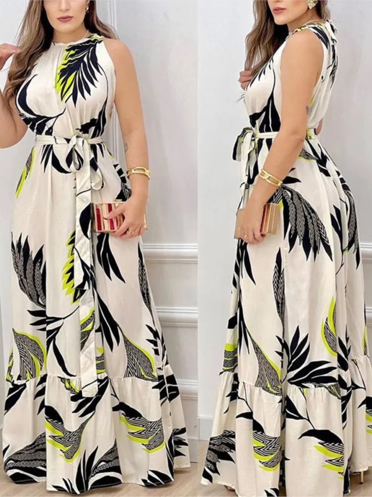 Women's Sexy Sleeveless Hanging Neck Bow Waist Elegant Printed Lotus Skirt Floor Length Summer New Dress 