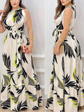 Women's Sexy Sleeveless Hanging Neck Bow Waist Elegant Printed Lotus Skirt Floor Length Summer New Dress 