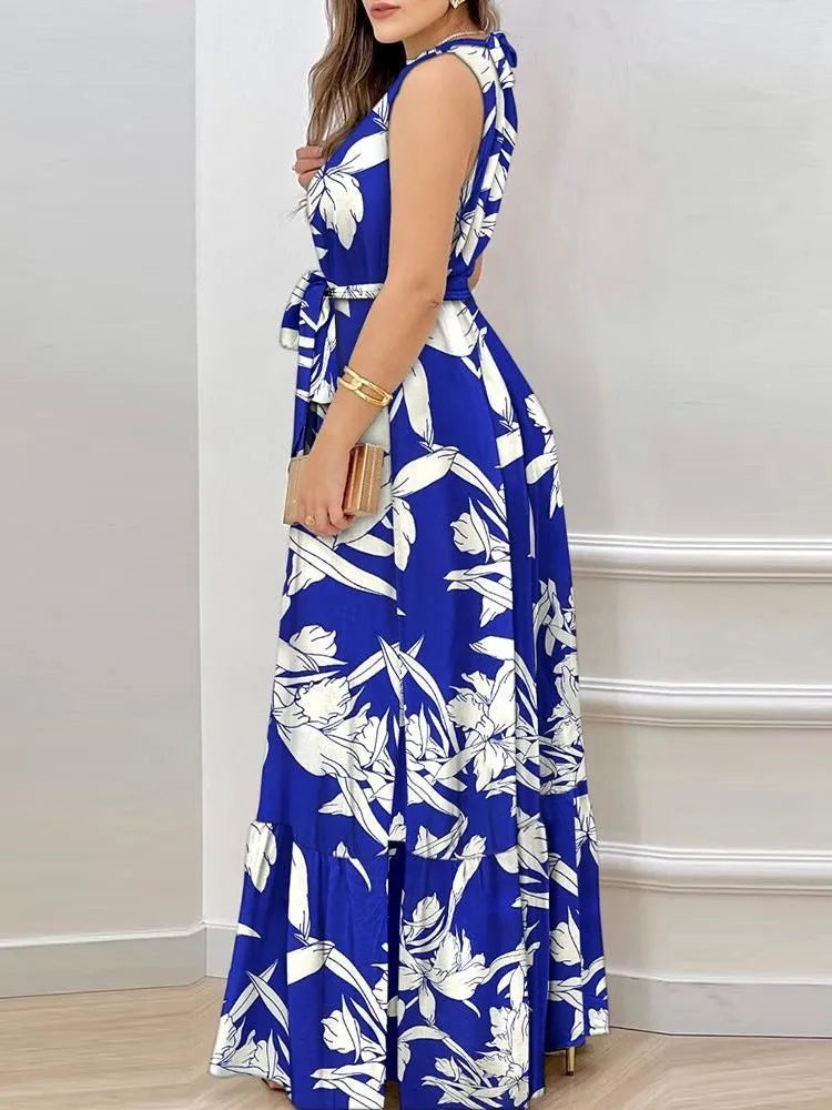 Women's Sexy Sleeveless Hanging Neck Bow Waist Elegant Printed Lotus Skirt Floor Length Summer New Dress 