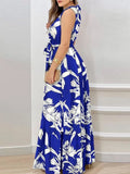 Women's Sexy Sleeveless Hanging Neck Bow Waist Elegant Printed Lotus Skirt Floor Length Summer New Dress 