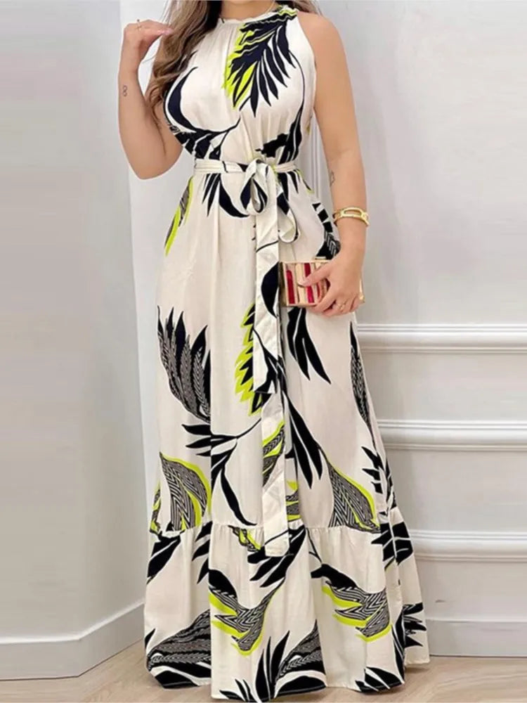 Women's Sexy Sleeveless Hanging Neck Bow Waist Elegant Printed Lotus Skirt Floor Length Summer New Dress 