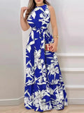 Women's Sexy Sleeveless Hanging Neck Bow Waist Elegant Printed Lotus Skirt Floor Length Summer New Dress 