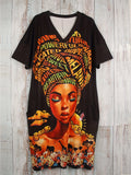 Vestido feminino solto com decote em v de manga curta, moda casual, roupas estampadas, plus size