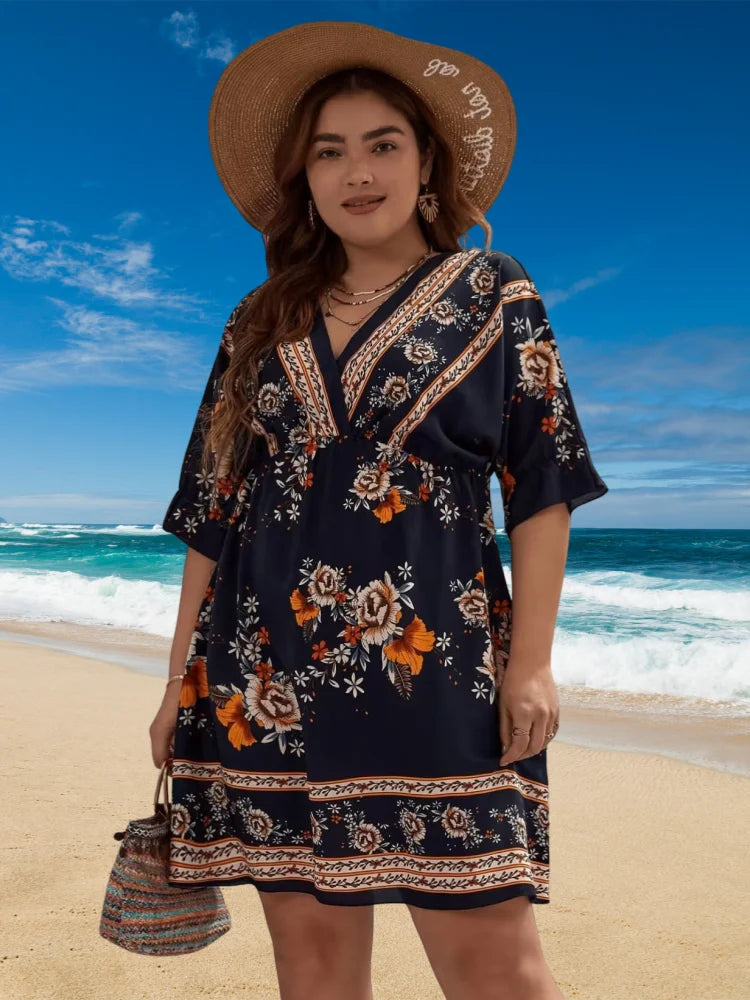 Vestido feminino solto com decote em v estilo étnico, vestido de manga curta, estampado com flores, moda casual, primavera, verão, plus size