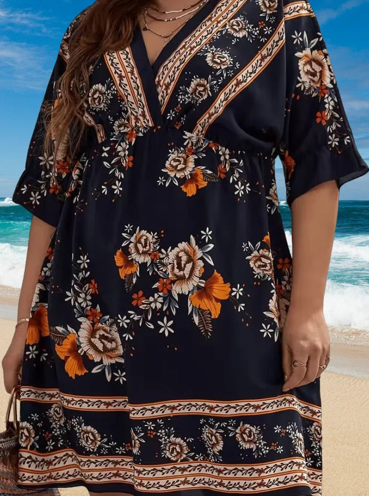 Vestido feminino solto com decote em v estilo étnico, vestido de manga curta, estampado com flores, moda casual, primavera, verão, plus size