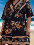 Vestido feminino solto com decote em v estilo étnico, vestido de manga curta, estampado com flores, moda casual, primavera, verão, plus size