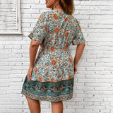 Vestido feminino solto com decote em v estilo étnico, vestido de manga curta, estampado com flores, moda casual, primavera, verão, plus size