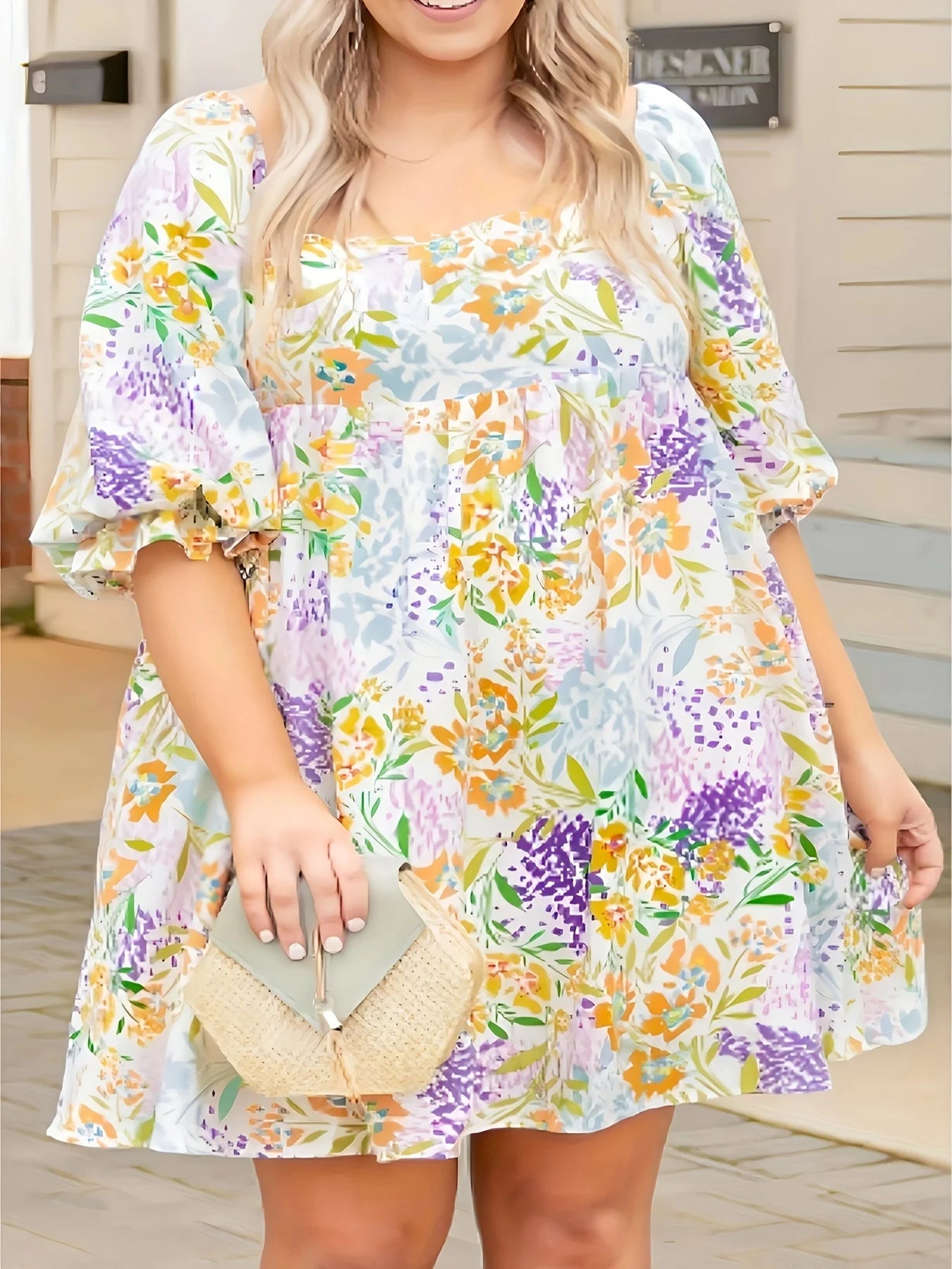 Vestido floral com gola quadrada, manga bolha, saia reta solta, temperamento elegante na moda, tamanho pequeno, novo estilo, plus size, 2024