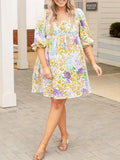 Vestido floral com gola quadrada, manga bolha, saia reta solta, temperamento elegante na moda, tamanho pequeno, novo estilo, plus size, 2024