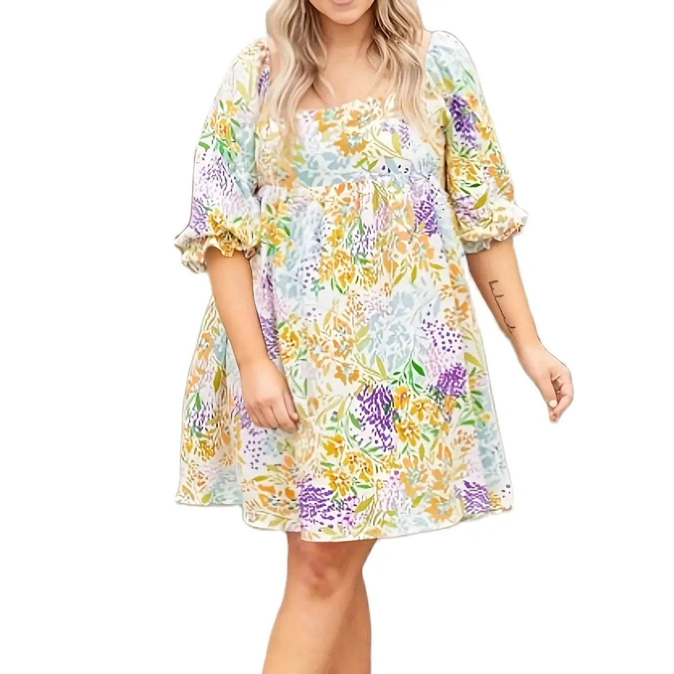 Vestido floral com gola quadrada, manga bolha, saia reta solta, temperamento elegante na moda, tamanho pequeno, novo estilo, plus size, 2024