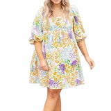 Vestido floral com gola quadrada, manga bolha, saia reta solta, temperamento elegante na moda, tamanho pequeno, novo estilo, plus size, 2024