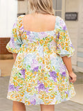 Vestido floral com gola quadrada, manga bolha, saia reta solta, temperamento elegante na moda, tamanho pequeno, novo estilo, plus size, 2024
