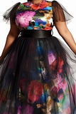 Vestido de dos piezas floral negro de talla grande para mujer, cuello redondo, manga corta, malla en contraste, para invitada de boda, moda de otoño 