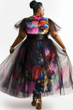 Vestido de dos piezas floral negro de talla grande para mujer, cuello redondo, manga corta, malla en contraste, para invitada de boda, moda de otoño 