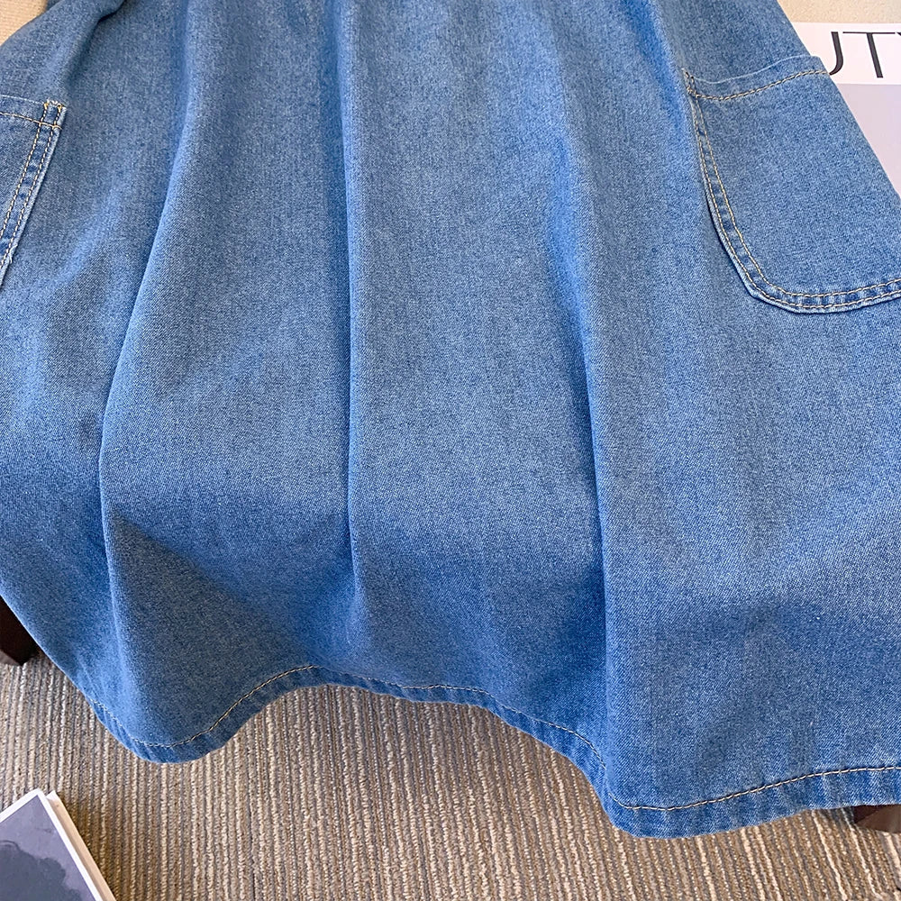Vestido jeans feminino na altura do joelho, design com meio cardigã de lapela, vestido de bolso múltiplo, solto e confortável, tamanho grande, verão