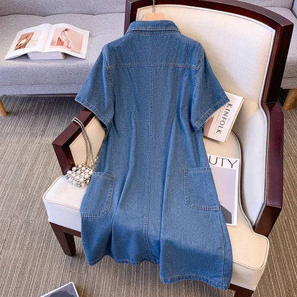 Vestido jeans feminino na altura do joelho, design com meio cardigã de lapela, vestido de bolso múltiplo, solto e confortável, tamanho grande, verão
