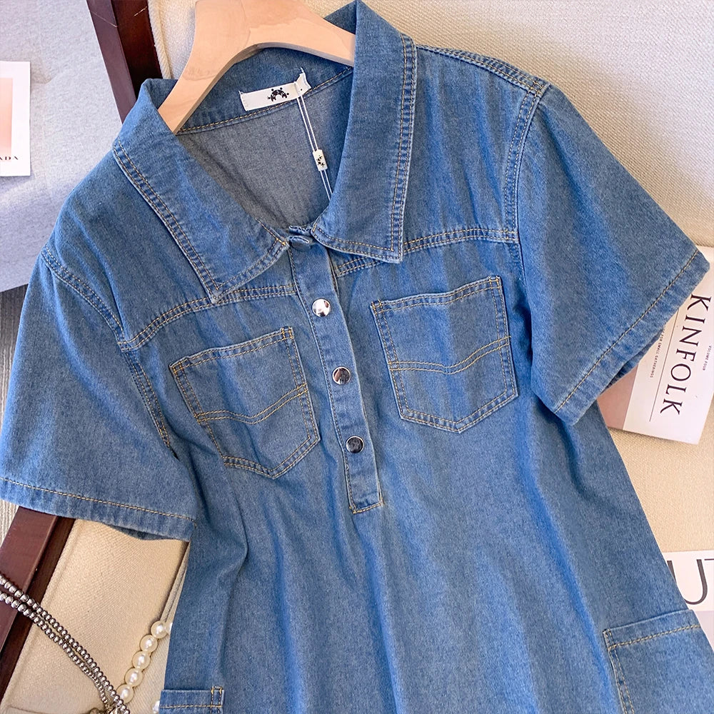 Vestido jeans feminino na altura do joelho, design com meio cardigã de lapela, vestido de bolso múltiplo, solto e confortável, tamanho grande, verão