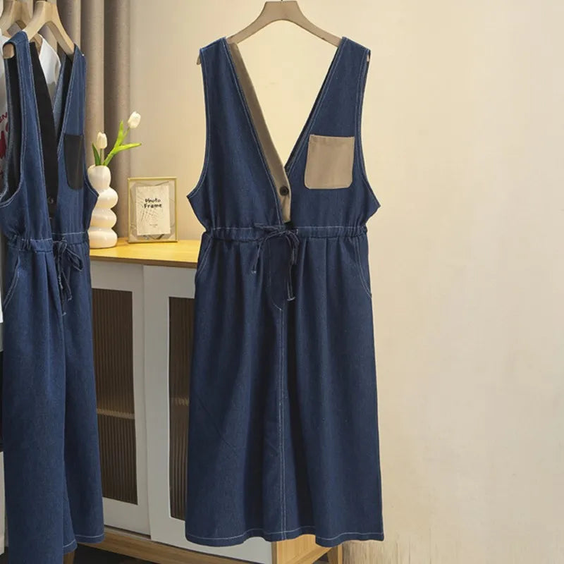 Vestido vaquero holgado para mujer, informal, con cordón en la cintura, color rubio, talla grande, talla S6 5653, ropa de otoño 2023 