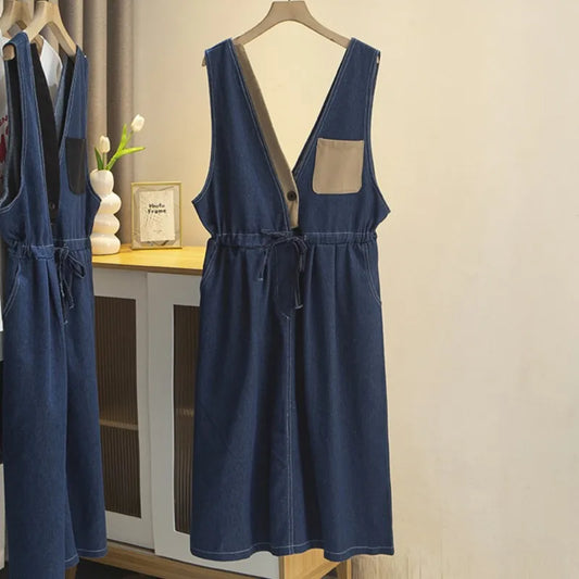 Vestido jeans solto feminino, vestido casual, cintura de cordão, cor loura, plus size, curva S6 5653, roupas de outono, 2023