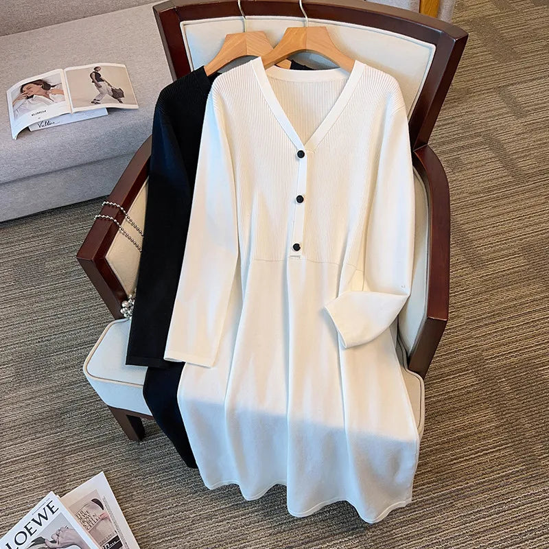 Vestido longo com decote em v para mulheres, busto 160, 155kg plus size, branco e preto, 5XL, 6XL, 7XL, 8XL, 9XL, outono e inverno