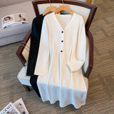 Vestido longo com decote em v para mulheres, busto 160, 155kg plus size, branco e preto, 5XL, 6XL, 7XL, 8XL, 9XL, outono e inverno