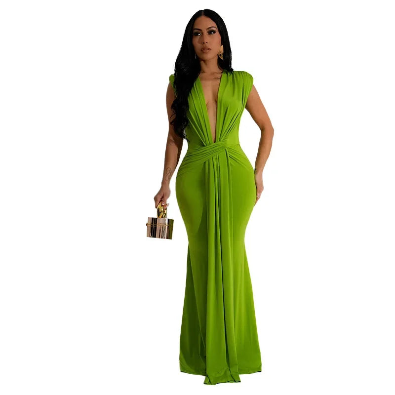 2024 Summer New Sexy High Waist Deep V-neck Short Sleeve Elegant Monochrome Long Dress