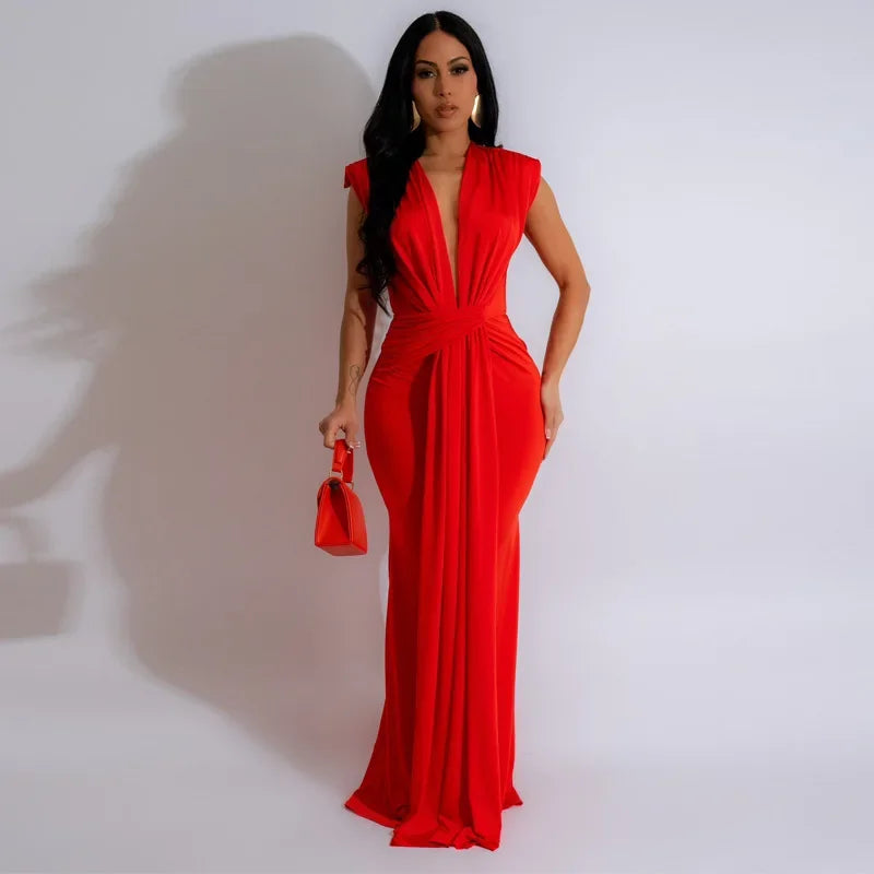 2024 Summer New Sexy High Waist Deep V-neck Short Sleeve Elegant Monochrome Long Dress