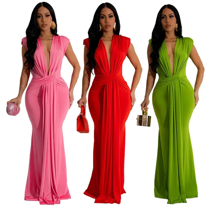 2024 Summer New Sexy High Waist Deep V-neck Short Sleeve Elegant Monochrome Long Dress