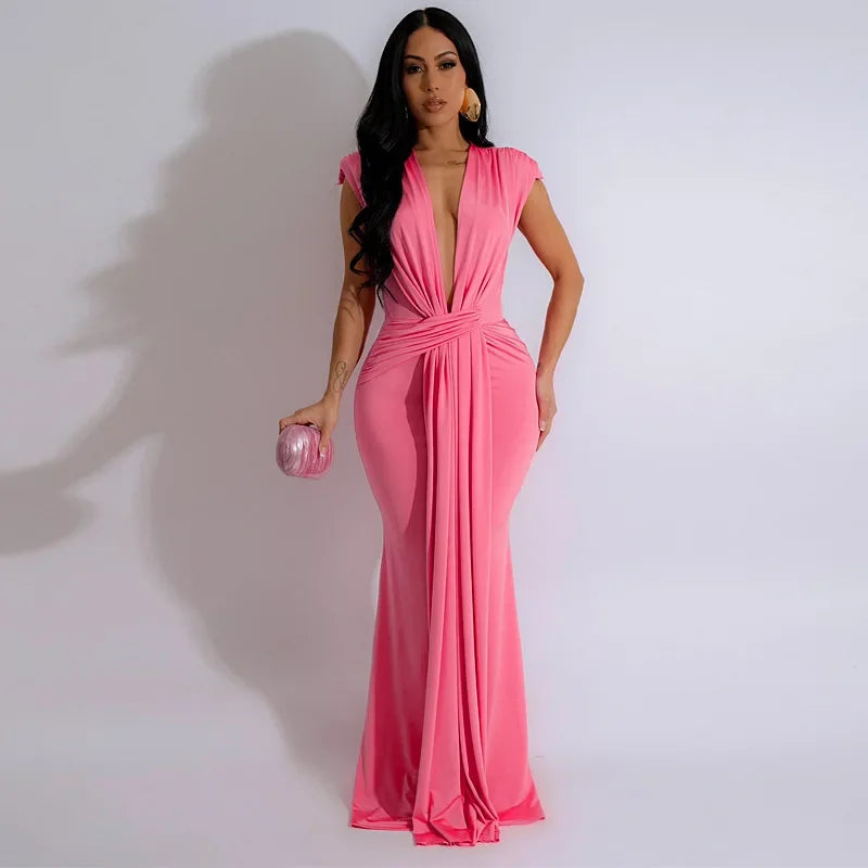 2024 Summer New Sexy High Waist Deep V-neck Short Sleeve Elegant Monochrome Long Dress