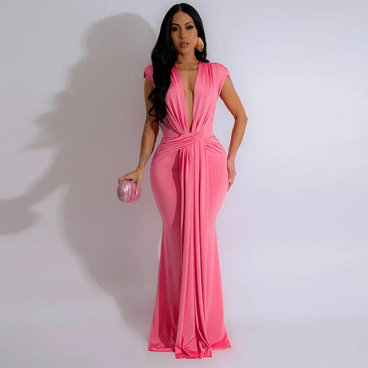 Vestido longo elegante monocromático, cintura alta, decote em v profundo, manga curta, sexy, novo, verão, 2024