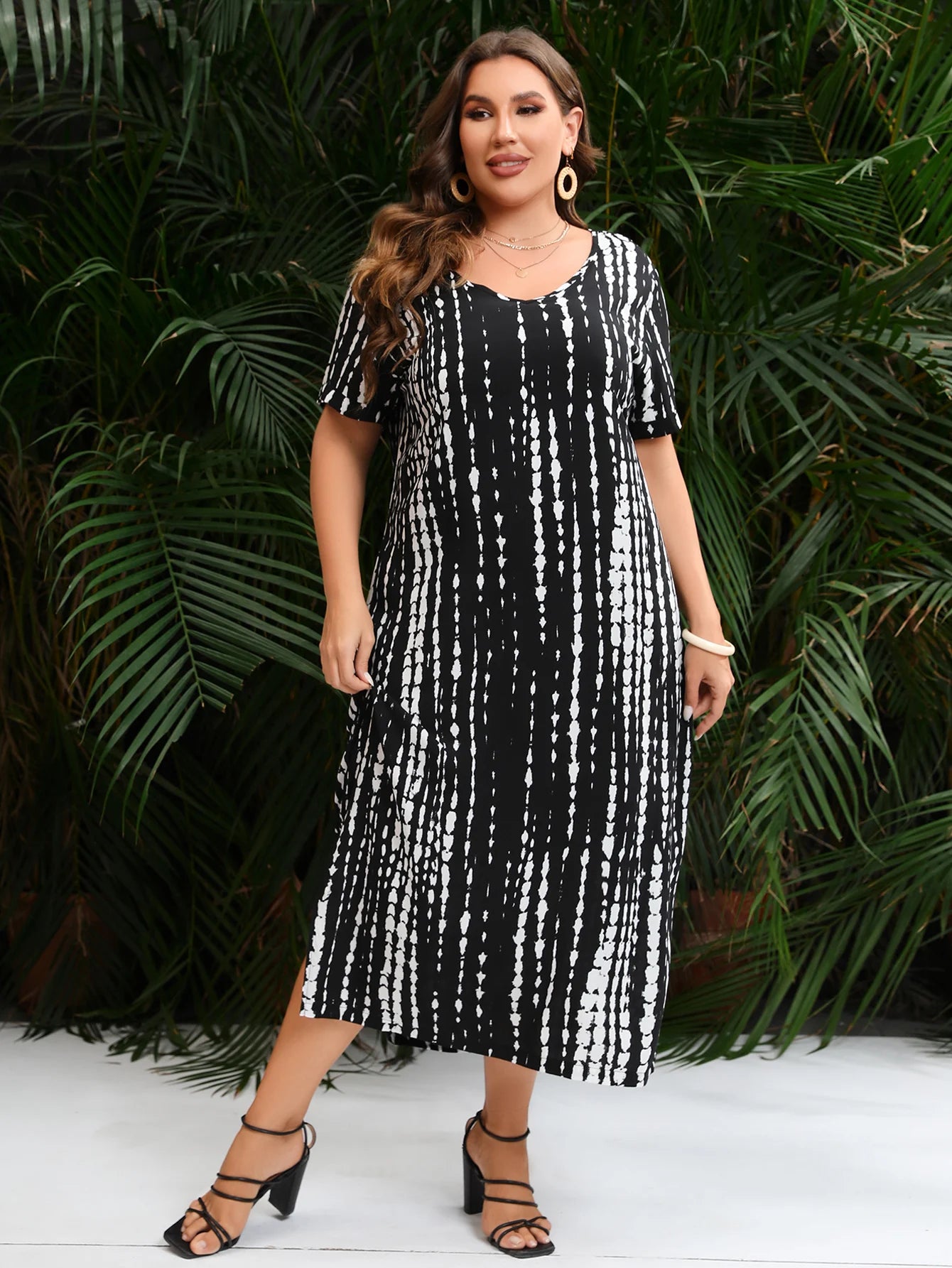 Vestido largo informal holgado de verano con cuello en V, manga corta y estampado de rayas negras, talla grande, para mujer 2024 