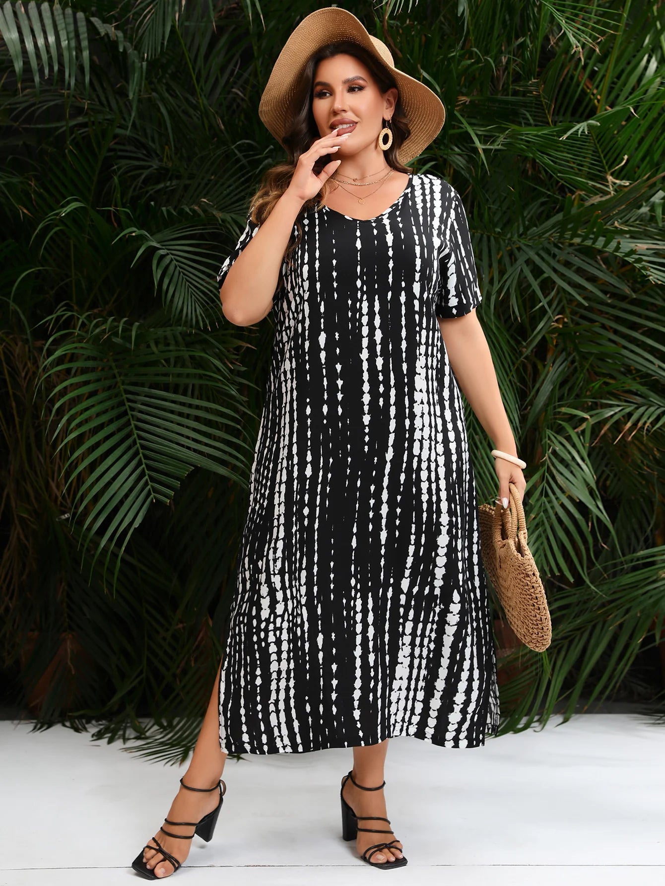Vestido largo informal holgado de verano con cuello en V, manga corta y estampado de rayas negras, talla grande, para mujer 2024 