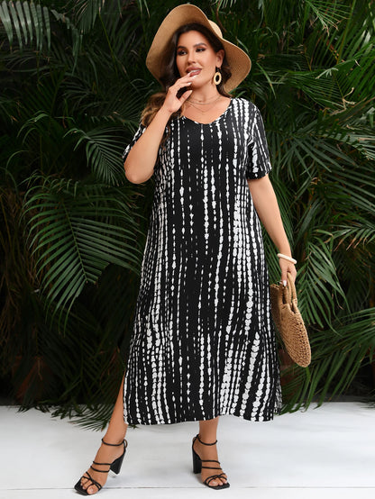Vestido largo informal holgado de verano con cuello en V, manga corta y estampado de rayas negras, talla grande, para mujer 2024 
