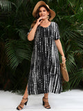 Vestido largo informal holgado de verano con cuello en V, manga corta y estampado de rayas negras, talla grande, para mujer 2024 