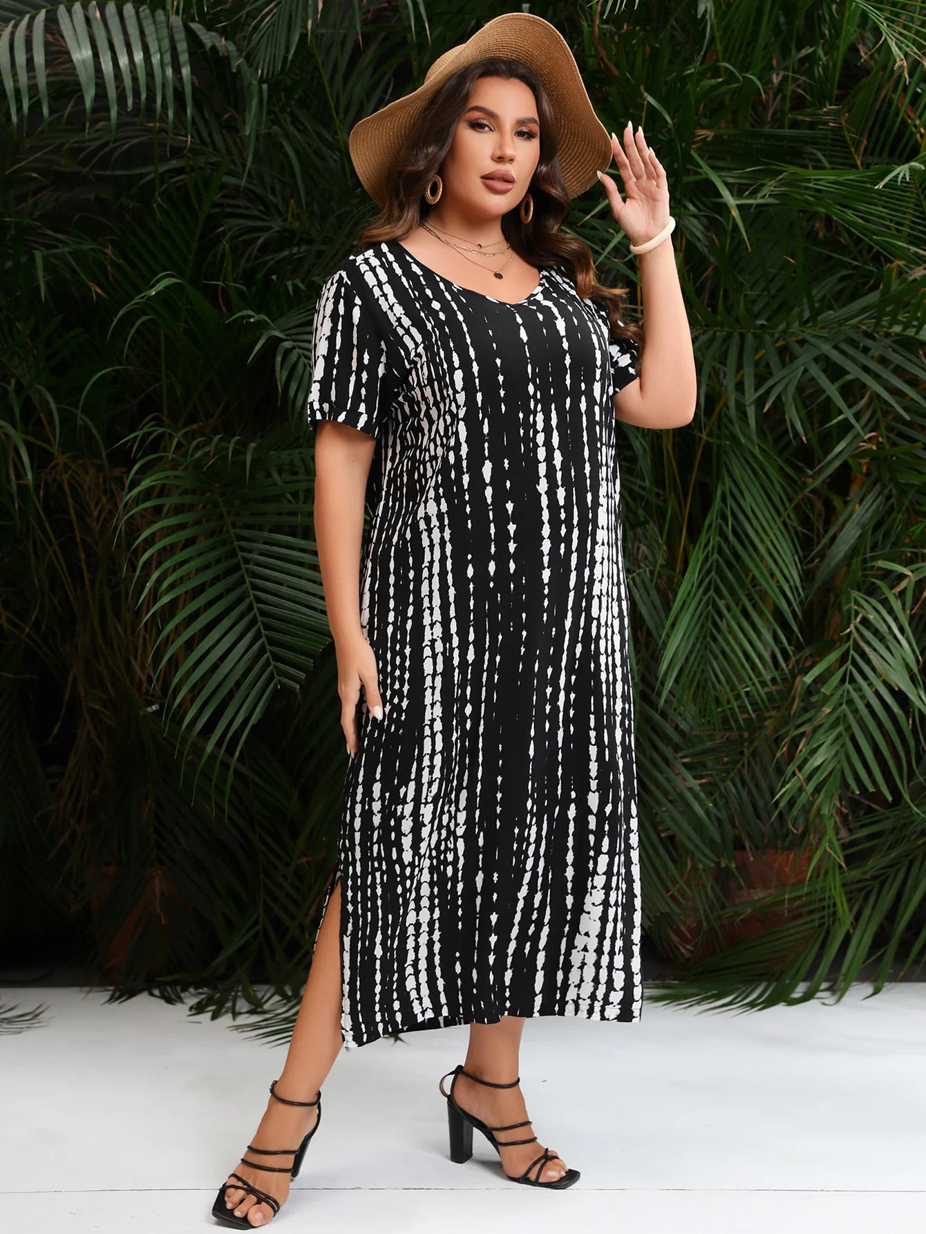 Vestido largo informal holgado de verano con cuello en V, manga corta y estampado de rayas negras, talla grande, para mujer 2024 