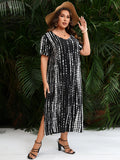 Vestido largo informal holgado de verano con cuello en V, manga corta y estampado de rayas negras, talla grande, para mujer 2024 