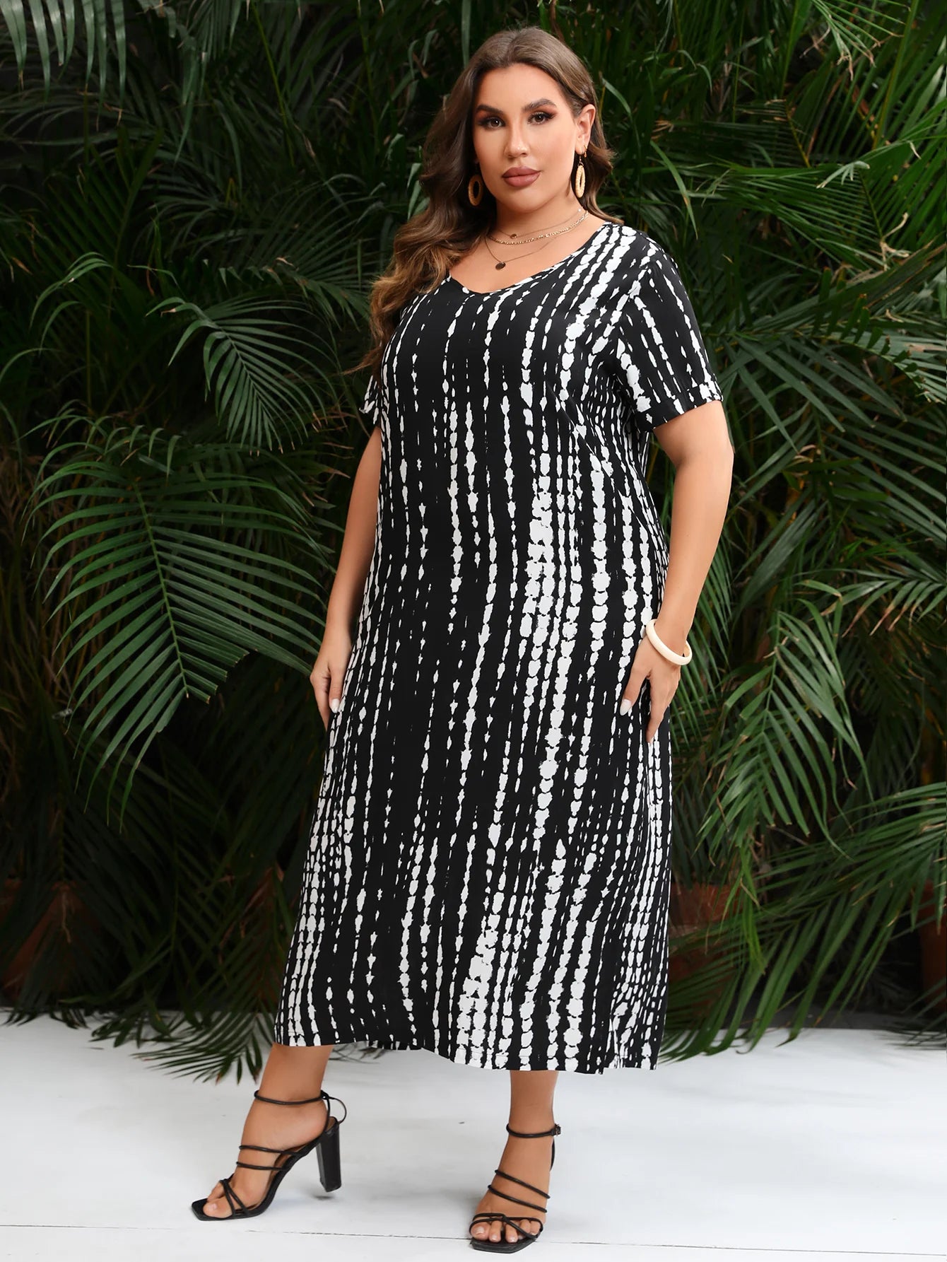 Vestido largo informal holgado de verano con cuello en V, manga corta y estampado de rayas negras, talla grande, para mujer 2024 