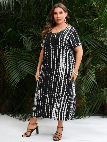 Vestido largo informal holgado de verano con cuello en V, manga corta y estampado de rayas negras, talla grande, para mujer 2024 