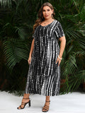 Vestido largo informal holgado de verano con cuello en V, manga corta y estampado de rayas negras, talla grande, para mujer 2024 