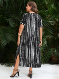 Vestido largo informal holgado de verano con cuello en V, manga corta y estampado de rayas negras, talla grande, para mujer 2024 