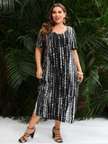 Vestido largo informal holgado de verano con cuello en V, manga corta y estampado de rayas negras, talla grande, para mujer 2024 