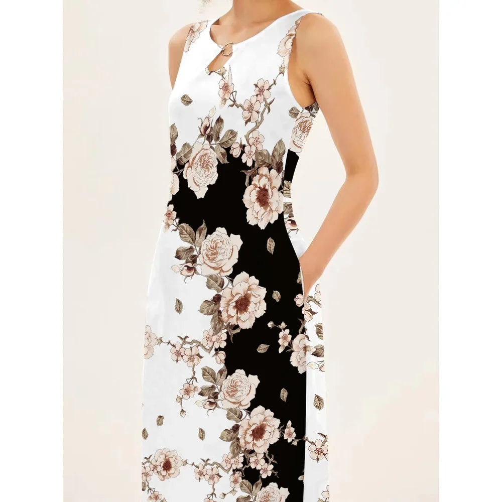 Women's V-neck Sleeveless Long Dress Retro Bohemian Dresses Floral Print Swing Casual New 