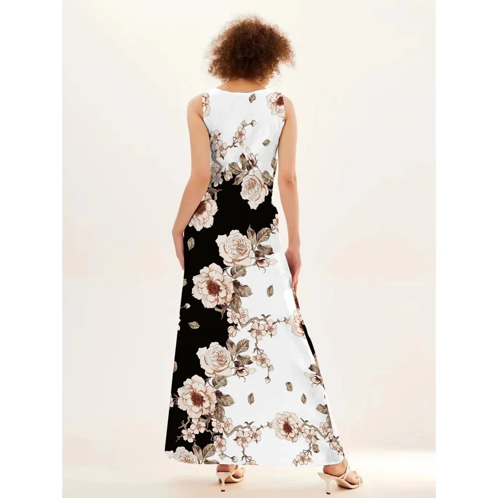 Women's V-neck Sleeveless Long Dress Retro Bohemian Dresses Floral Print Swing Casual New 